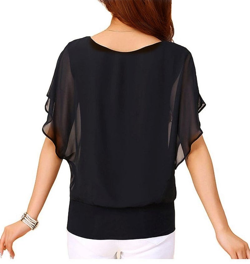 VIISHOW Women's Blouse Casual Short Sleeve Chiffon Blouse Shirt T-shirt Summer Tops, 5-Black, Large - Image 2